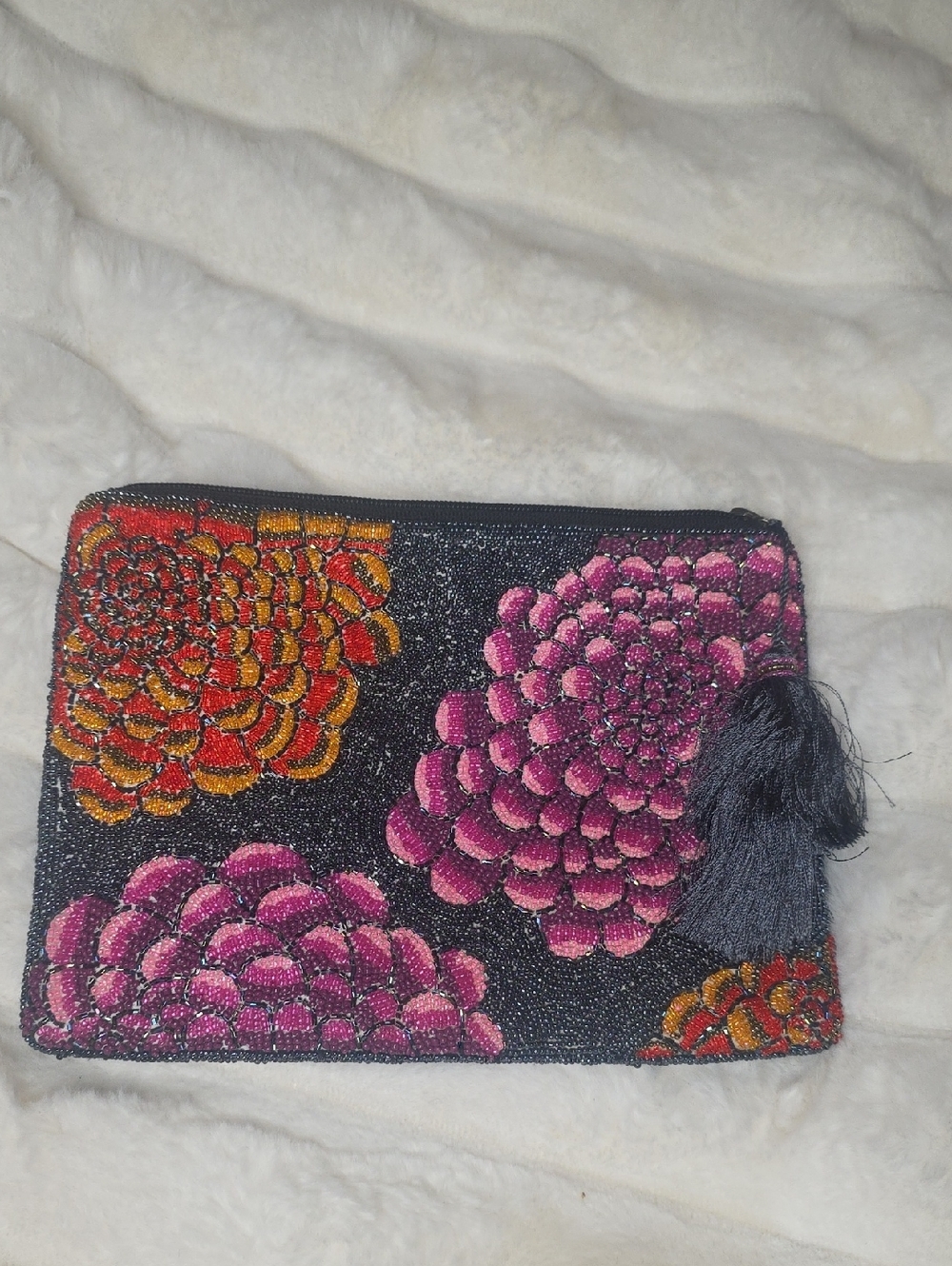 Beaded Embroidered Floral Zip Pouch Clutch - Black with Pink & Orange Flowers